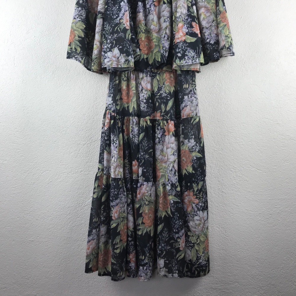 Vintage l 70s M Bohemian Cottagecore Floral Semi-Sheer Cape Flutter Sleeve Dress - Picture 8 of 14